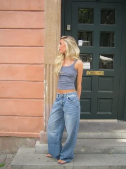 Design By Si Alaia lavtaljet jeans med lyn detalje - Lys denim Sale