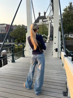 Design By Si Alaia lavtaljet jeans med lyn detalje - Lys denim Sale
