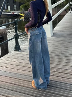 Design By Si Alaia lavtaljet jeans med lyn detalje - Lys denim Sale