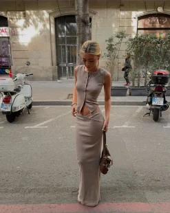 Design By Si Antonia nederdel med knapper - Beige
