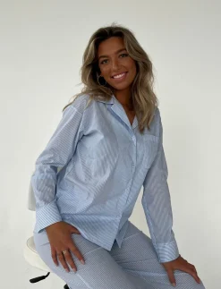 Design By Si Avana pyjamasskjorte med striber - Blå/hvid Outlet
