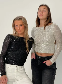 Design By Si Babette pallietbluse med åben ryg - Sort Online