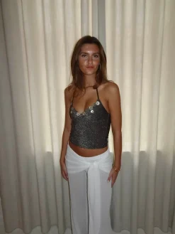 Design By Si Belina glittertop med knapper - Brun Discount