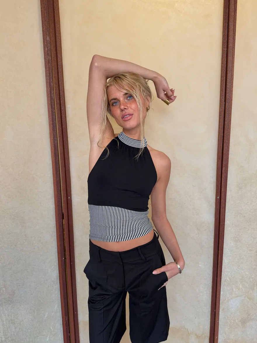 Design By Si Debby halterneck top med striber - Sort/hvid Hot
