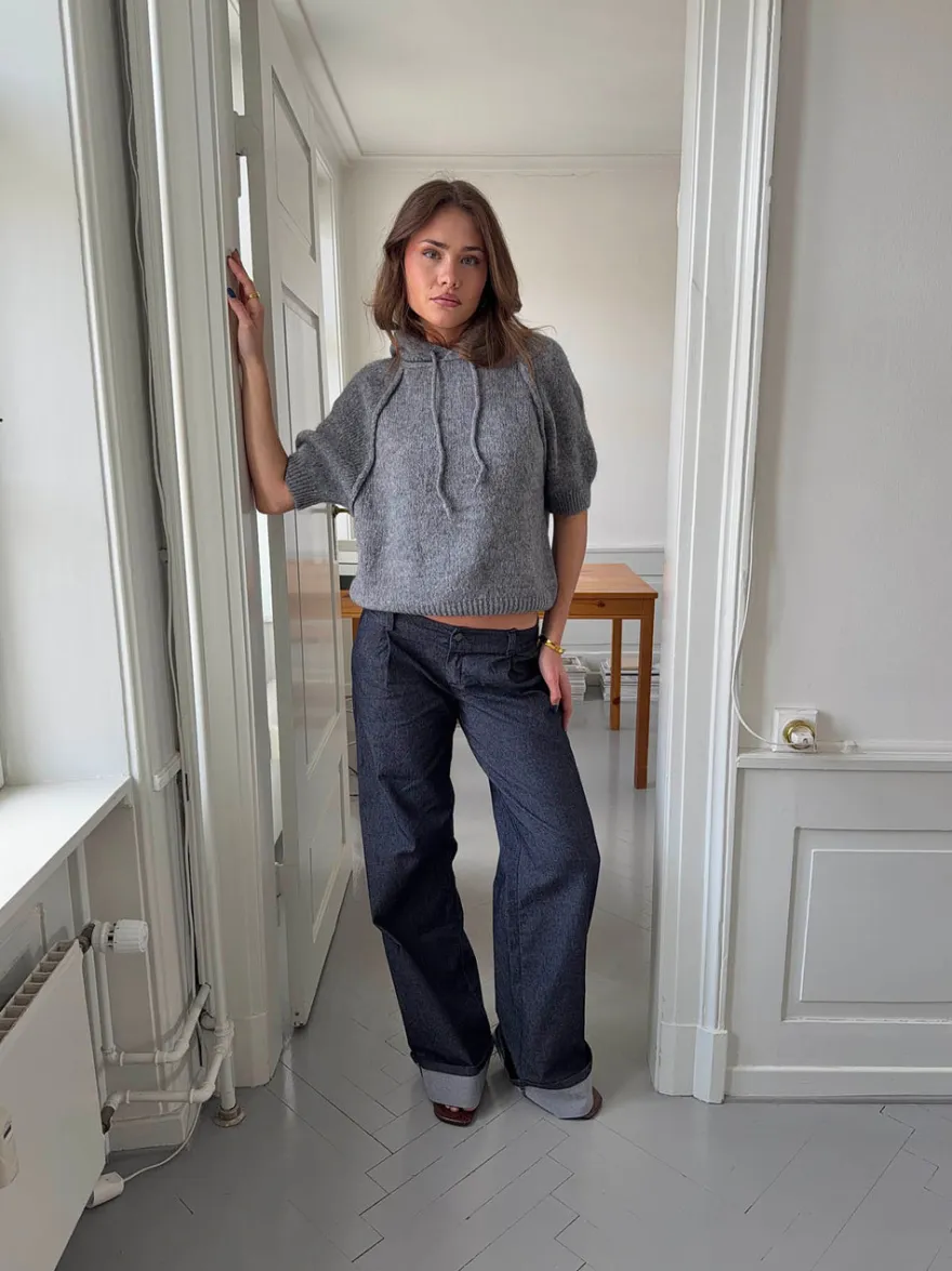 Design By Si Demi jeans med opsmøg - Mørk denim New