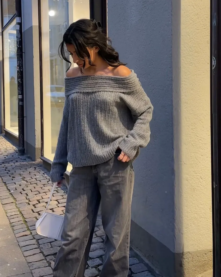 Design By Si Elinor off shoulder strik - Grå New
