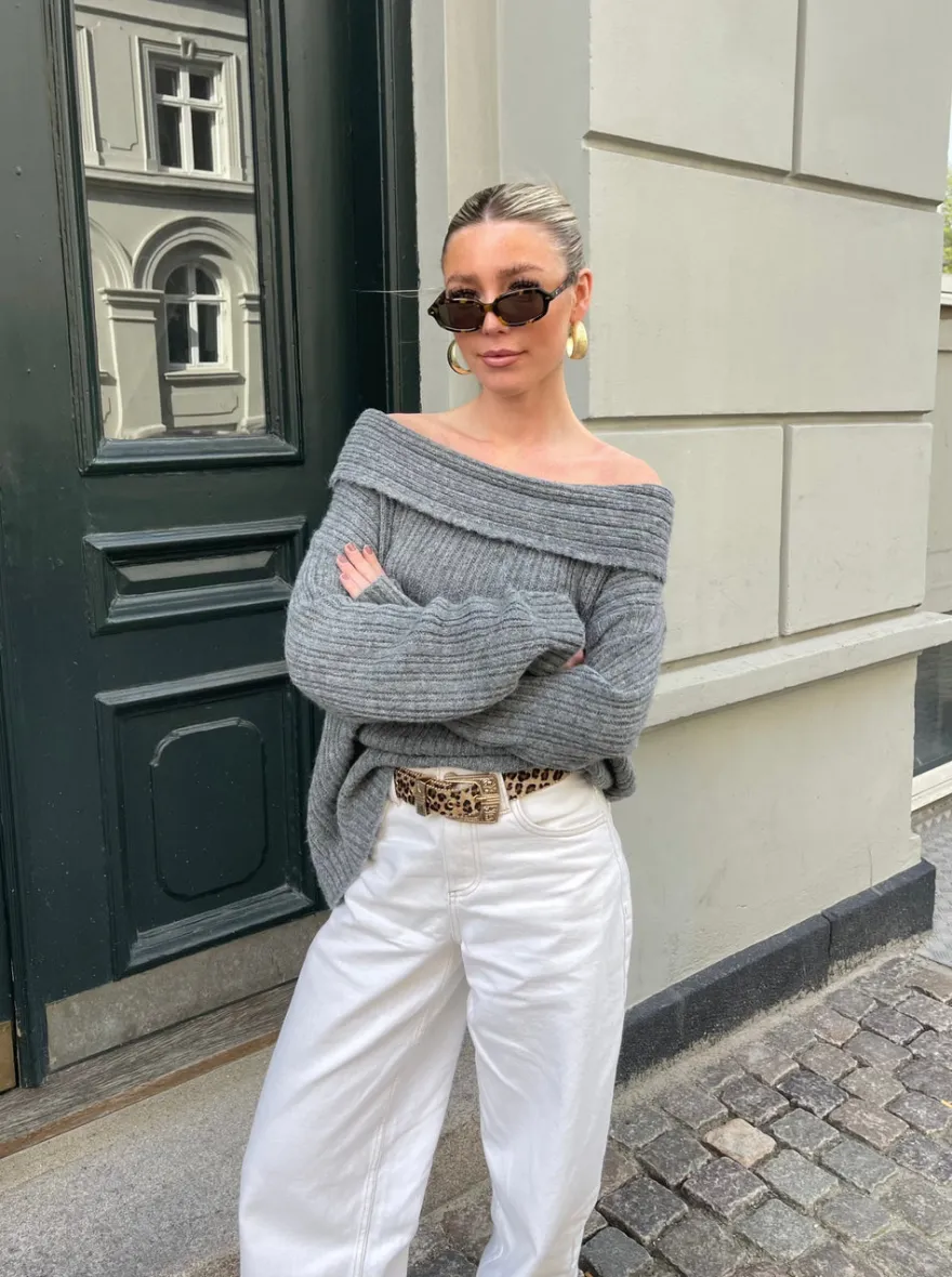 Design By Si Elinor off shoulder strik - Grå New