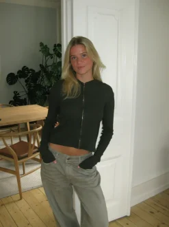 Design By Si Isaline ribbet hoodie med zip - Brun Discount