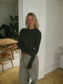 Design By Si Isaline ribbet hoodie med zip - Brun Discount