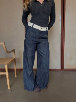 Design By Si Karly jeans med hvid kant - Blå