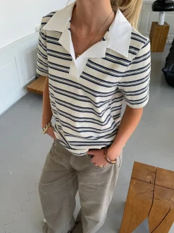 Design By Si Line polo med striber - Hvid/beige/navy Discount