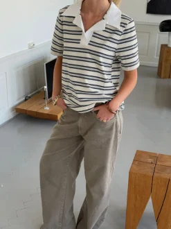 Design By Si Line polo med striber - Hvid/beige/navy Discount