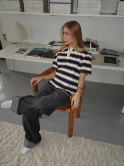 Design By Si Linna polo med striber - Navy/beige/rød