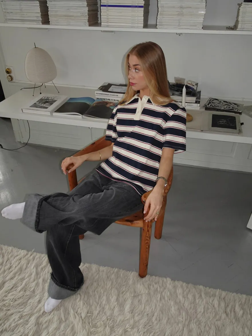 Design By Si Linna polo med striber - Navy/beige/rød