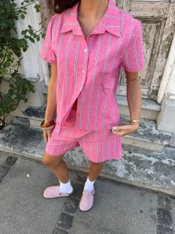 Design By Si Luliana kortærmet skjorte med striber - Pink/hvid/sort Online