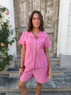 Design By Si Luliana kortærmet skjorte med striber - Pink/hvid/sort Online