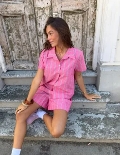 Design By Si Luliana kortærmet skjorte med striber - Pink/hvid/sort Online