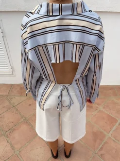 Design By Si Miki stribet skjorte med åben ryg - Lyseblå/beige Hot