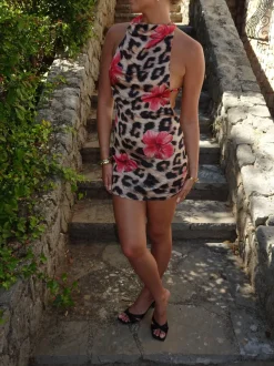 Design By Si Orchida leopardkjole med blomster - Sort/brun/pink New