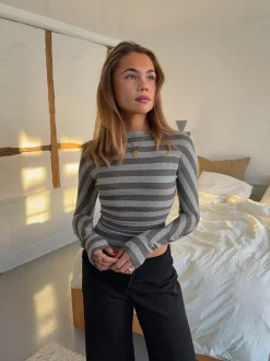 Design By Si Regitze bluse med striber - Grå/kaki Outlet