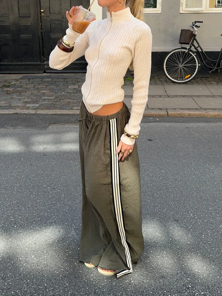 Design By Si Samantha bukser med stribe detaljer - Kaki Clearance