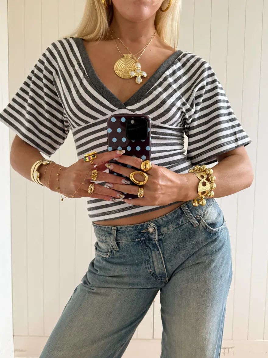 Design By Si Scandivv bluse med striber - Grå/hvid Clearance