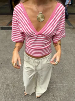 Design By Si Scandivv bluse med striber - Pink/hvid Discount