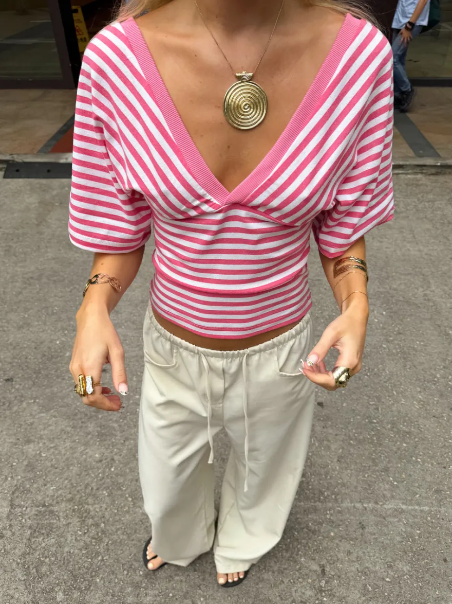 Design By Si Scandivv bluse med striber - Pink/hvid Discount