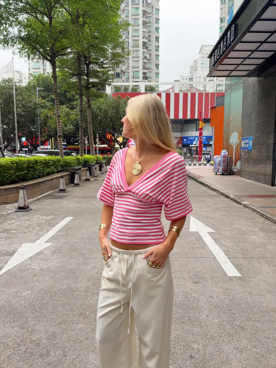 Design By Si Scandivv bluse med striber - Pink/hvid Discount