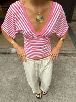 Design By Si Scandivv bluse med striber - Pink/hvid Discount