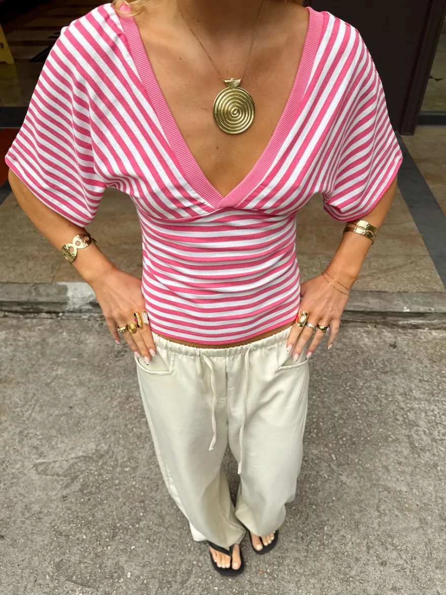 Design By Si Scandivv bluse med striber - Pink/hvid Discount
