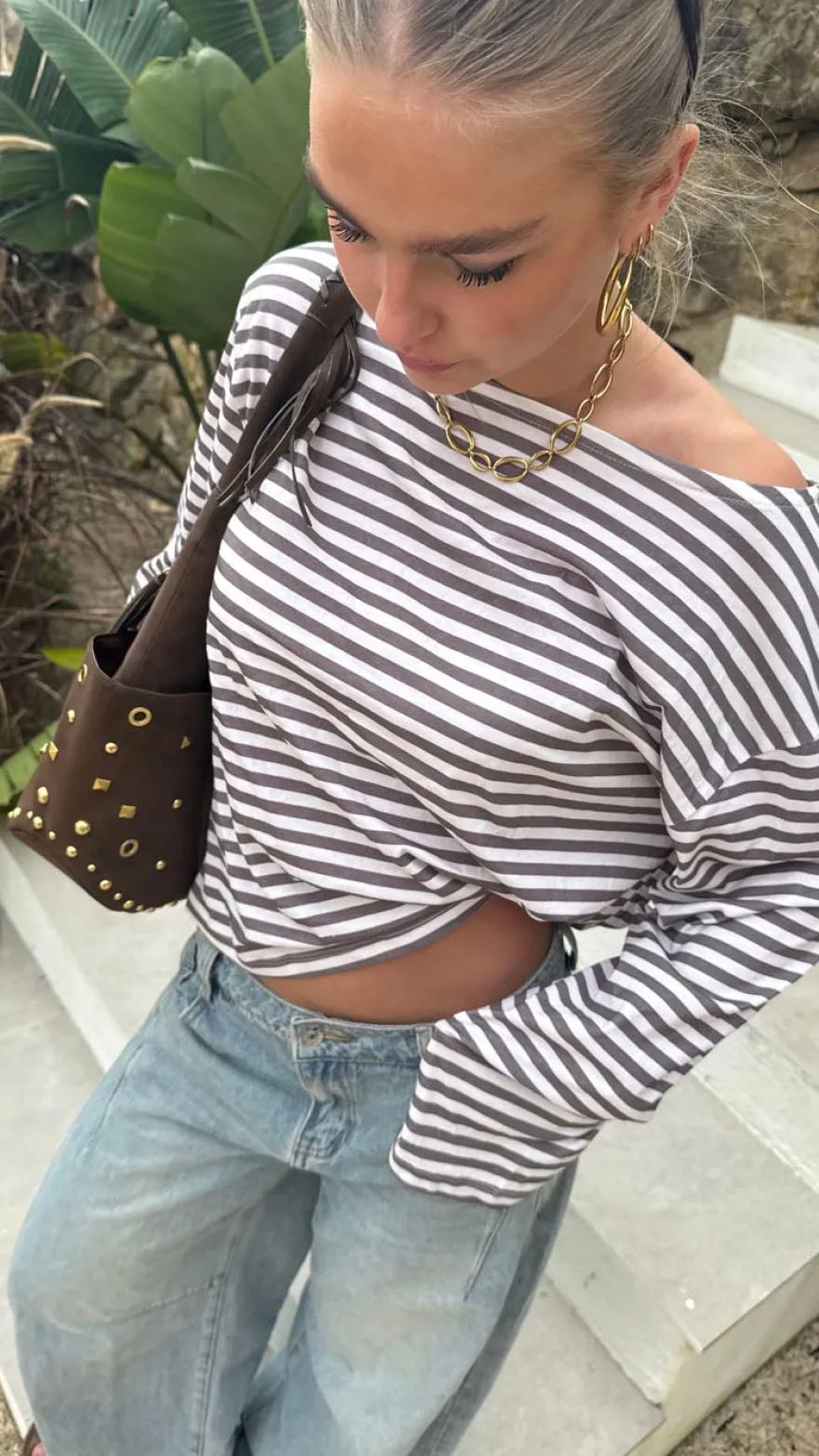 Design By Si Scandivv bluse med striber - Taupe/hvid Outlet