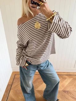 Design By Si Scandivv bluse med striber - Taupe/hvid Outlet