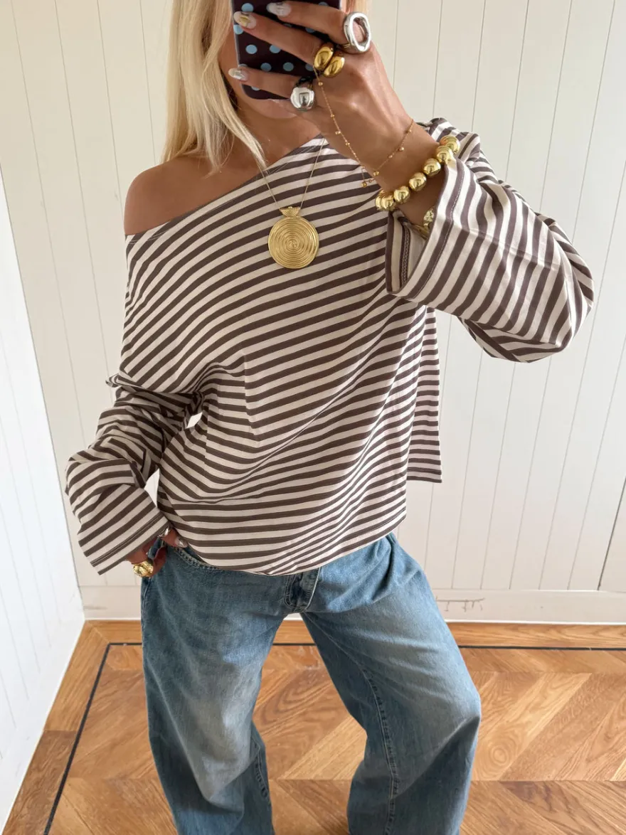 Design By Si Scandivv bluse med striber - Taupe/hvid Outlet