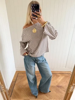 Design By Si Scandivv bluse med striber - Taupe/hvid Outlet