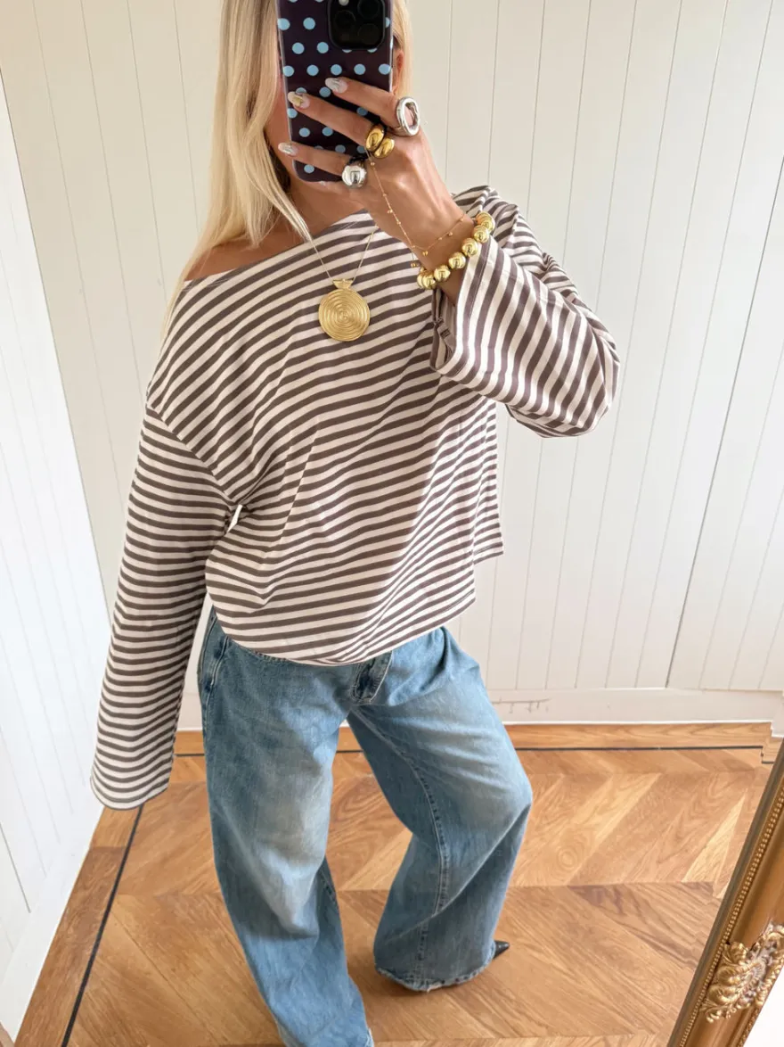 Design By Si Scandivv bluse med striber - Taupe/hvid Outlet