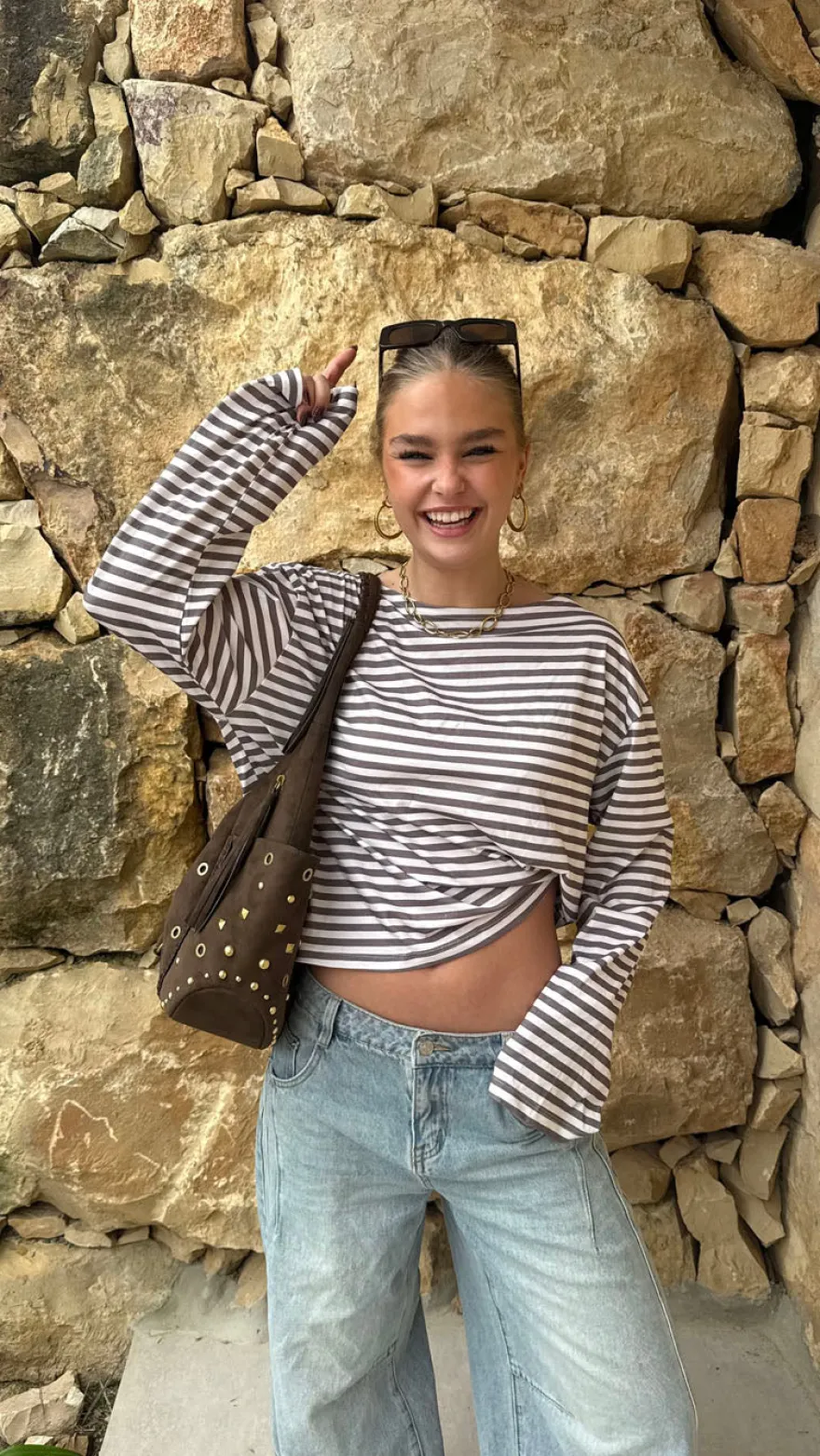 Design By Si Scandivv bluse med striber - Taupe/hvid Outlet
