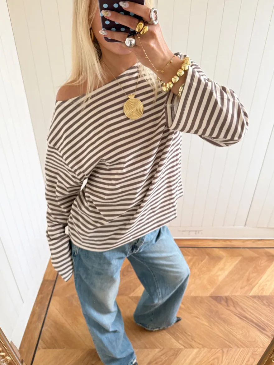 Design By Si Scandivv bluse med striber - Taupe/hvid Outlet
