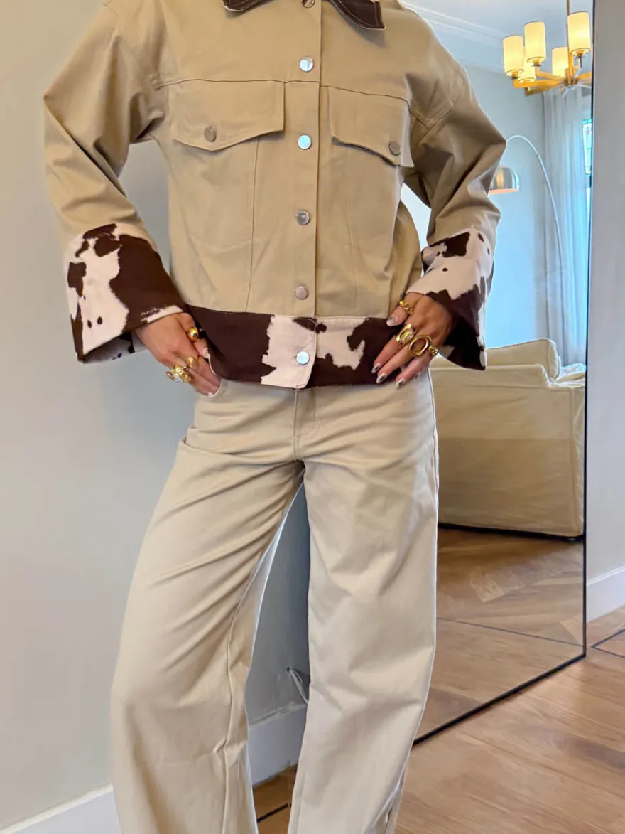 Design By Si Scandivv denimjakke med koprint - Beige/brun/hvid Clearance