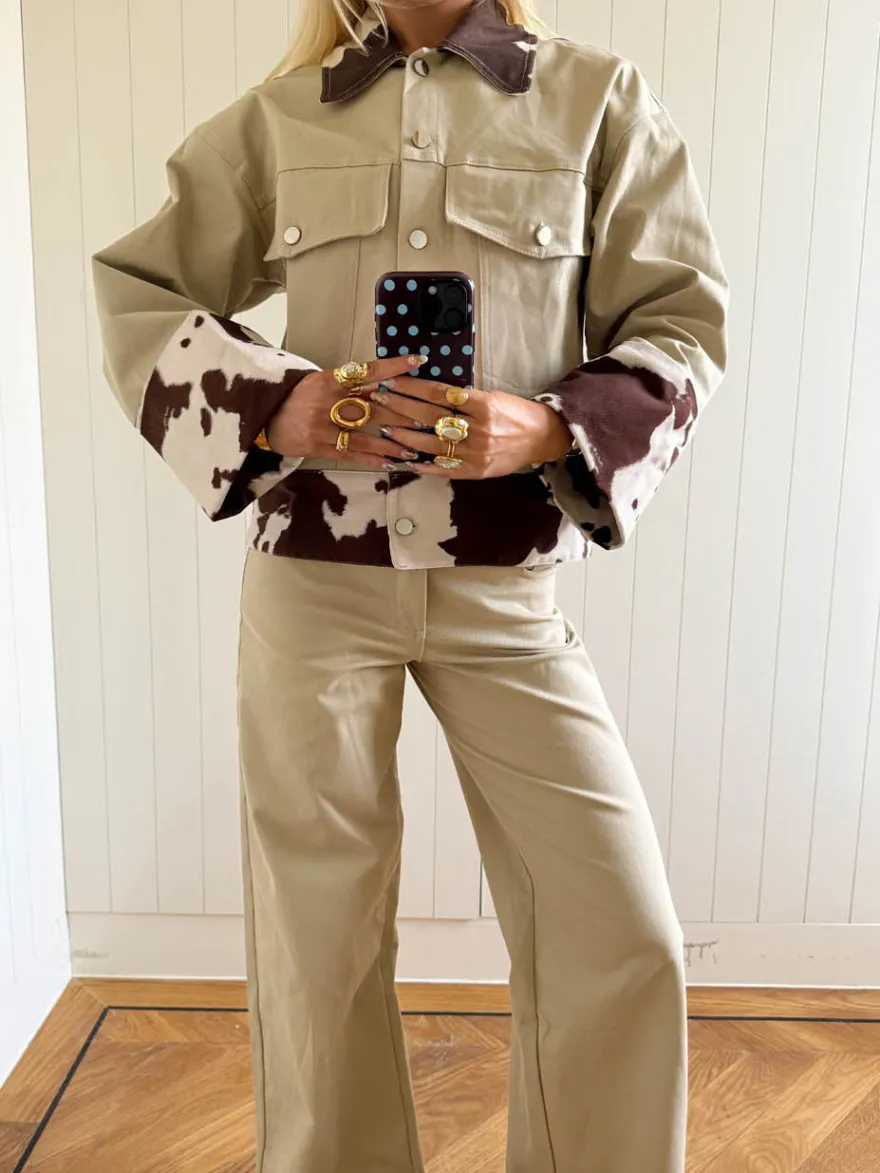 Design By Si Scandivv denimjakke med koprint - Beige/brun/hvid Clearance