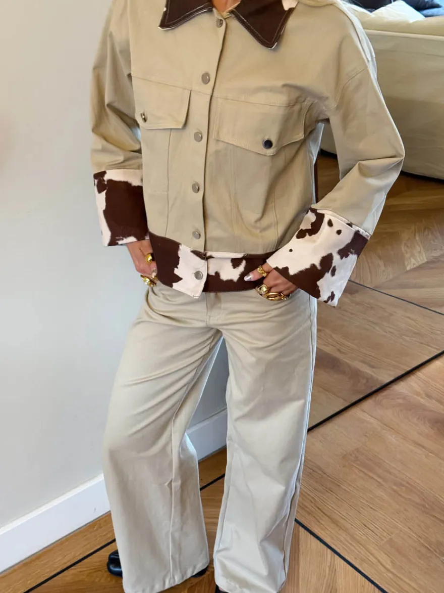 Design By Si Scandivv denimjakke med koprint - Beige/brun/hvid Clearance