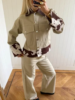 Design By Si Scandivv denimjakke med koprint - Beige/brun/hvid Clearance