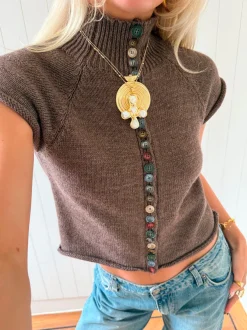 Design By Si Scandivv kortærmet strik med knapper - Brun/taupe Best