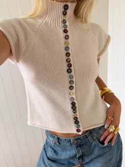 Design By Si Scandivv kortærmet strik med knapper - Beige/off white Online