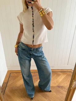 Design By Si Scandivv kortærmet strik med knapper - Beige/off white Online