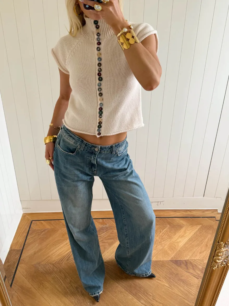 Design By Si Scandivv kortærmet strik med knapper - Beige/off white Online