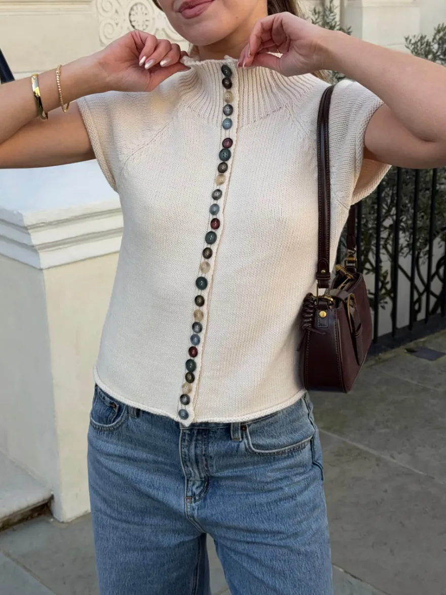 Design By Si Scandivv kortærmet strik med knapper - Beige/off white Online