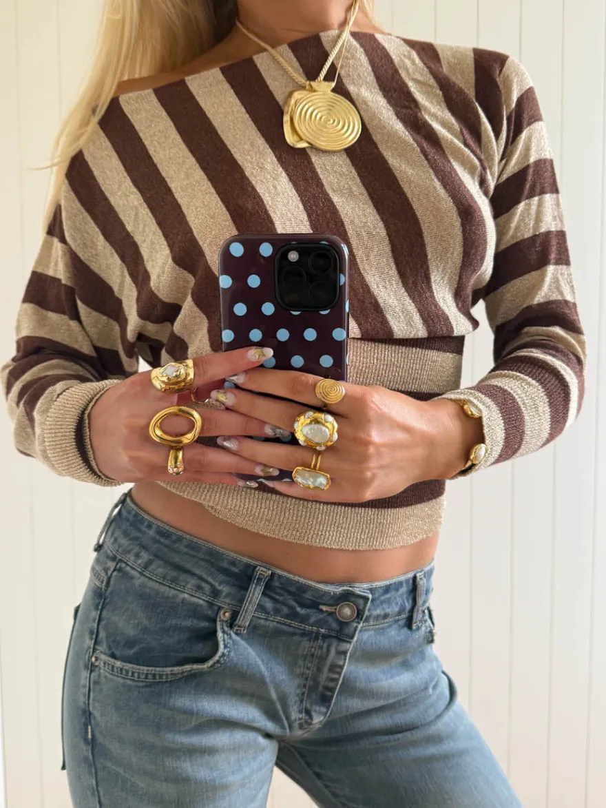 Design By Si Scandivv tætsiddende bluse med glitter - Brun/guld Outlet