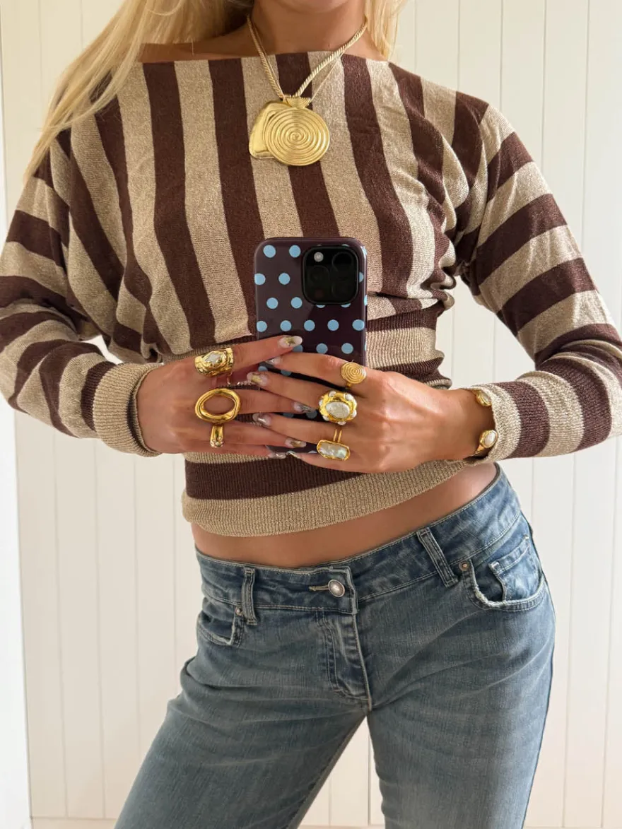 Design By Si Scandivv tætsiddende bluse med glitter - Brun/guld Outlet
