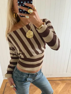 Design By Si Scandivv tætsiddende bluse med glitter - Brun/guld Outlet